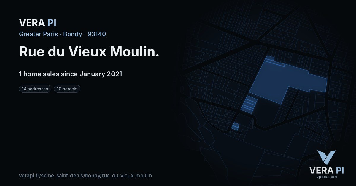 Rue du Vieux Moulin, Bondy at night – every parcel coloured by the prices around it, the street's own parcels lit