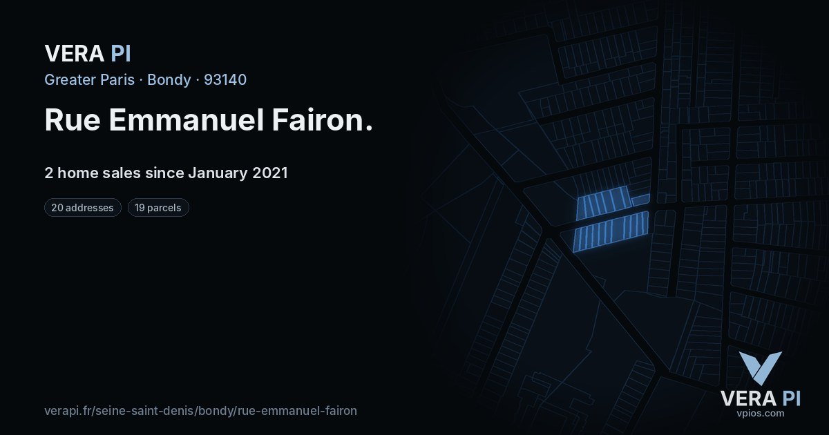 Rue Emmanuel Fairon, Bondy at night – every parcel coloured by the prices around it, the street's own parcels lit
