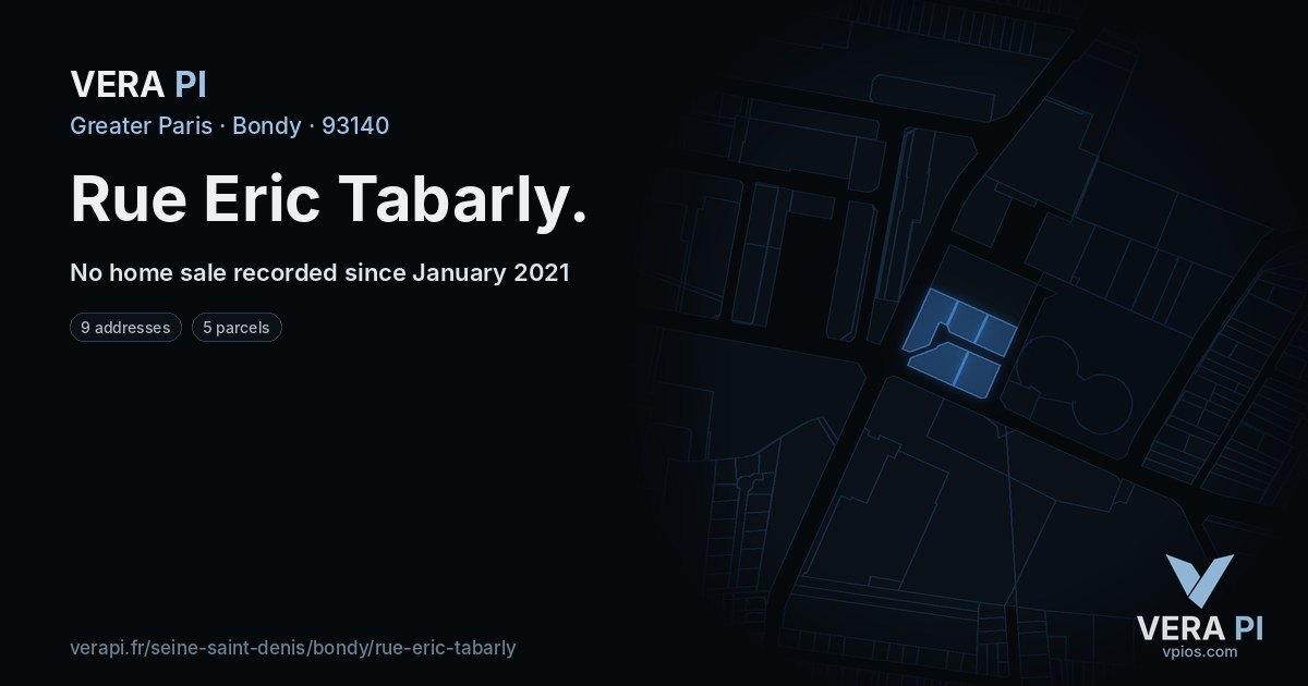 Rue Eric Tabarly, Bondy at night – every parcel coloured by the prices around it, the street's own parcels lit