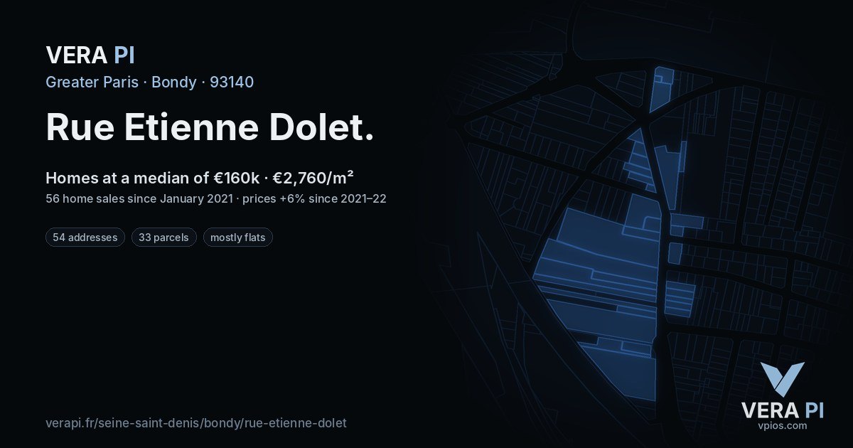 Rue Etienne Dolet, Bondy at night – every parcel coloured by the prices around it, the street's own parcels lit