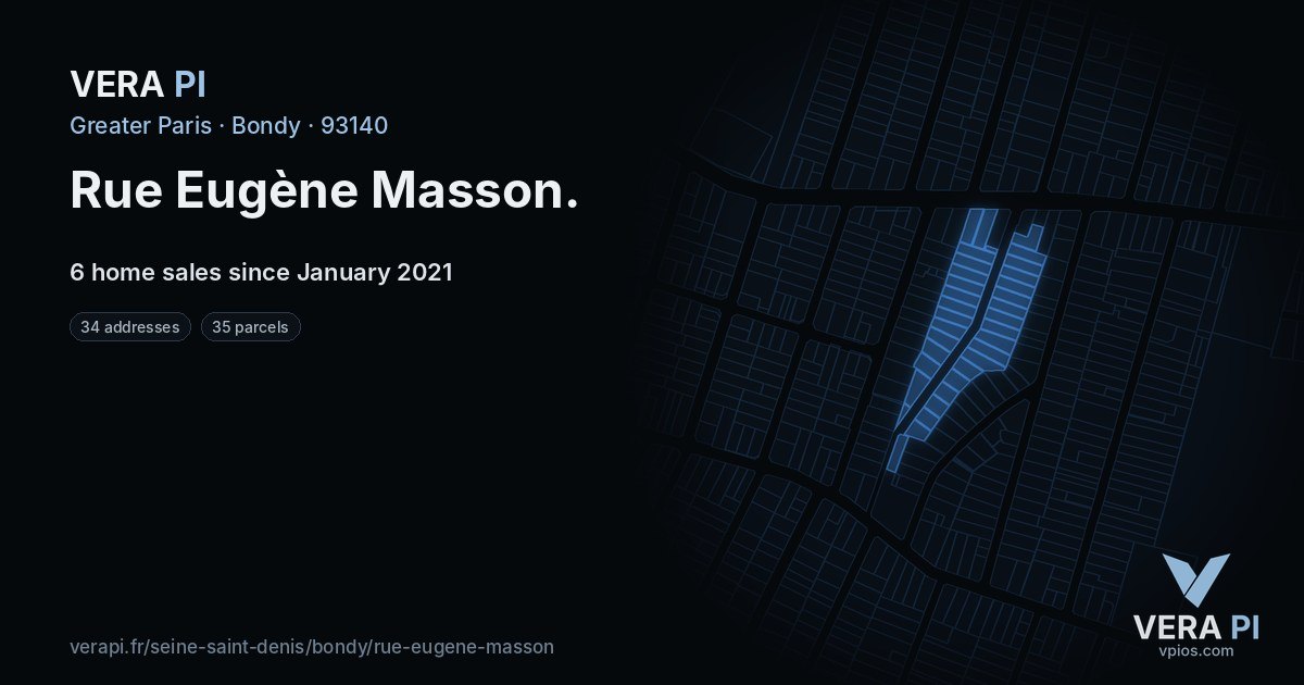 Rue Eugène Masson, Bondy at night – every parcel coloured by the prices around it, the street's own parcels lit