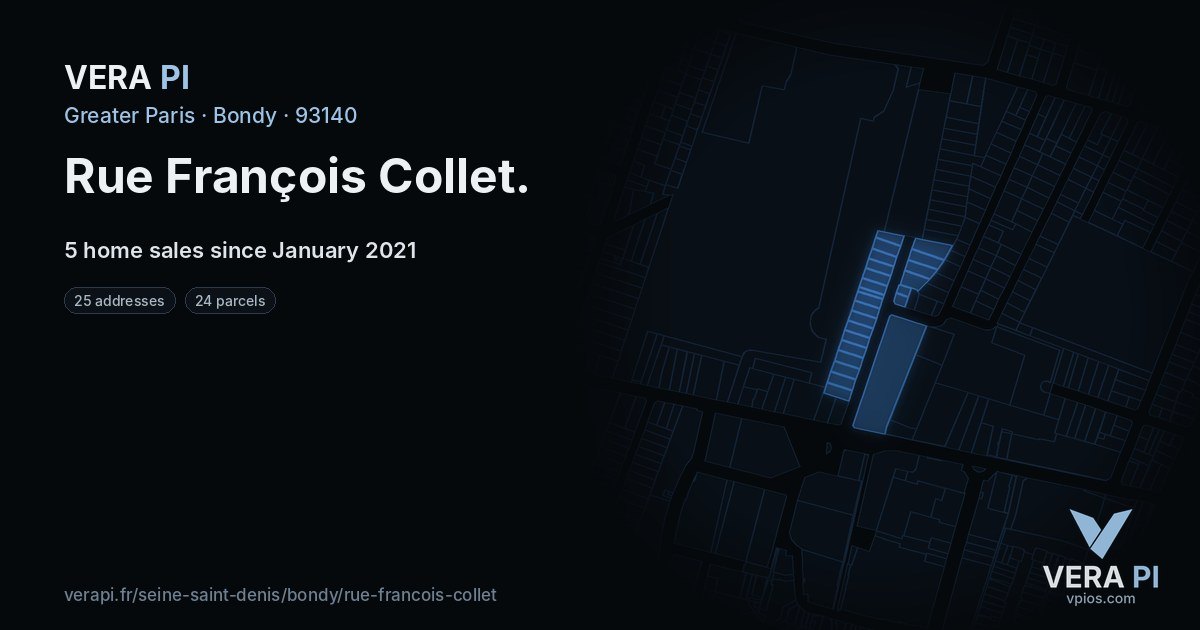Rue François Collet, Bondy at night – every parcel coloured by the prices around it, the street's own parcels lit