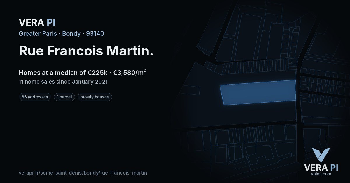 Rue Francois Martin, Bondy at night – every parcel coloured by the prices around it, the street's own parcels lit