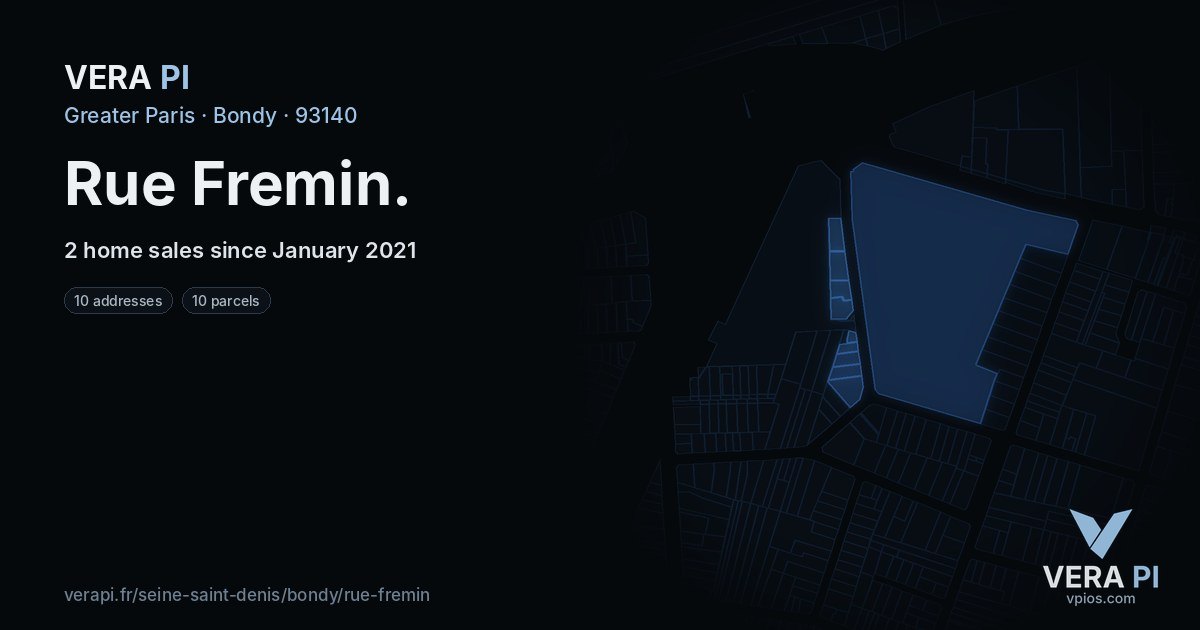 Rue Fremin, Bondy at night – every parcel coloured by the prices around it, the street's own parcels lit