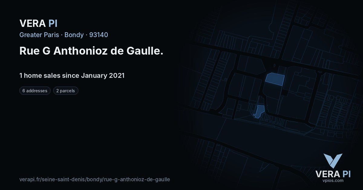 Rue G Anthonioz de Gaulle, Bondy at night – every parcel coloured by the prices around it, the street's own parcels lit