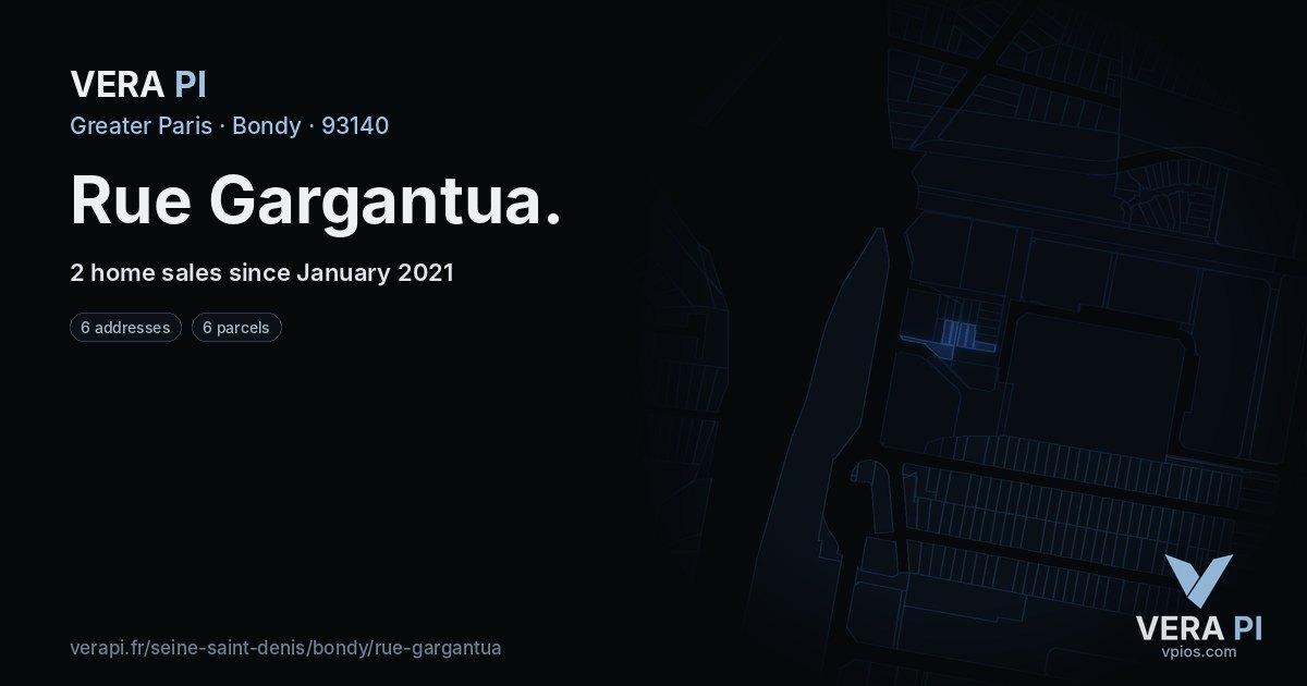 Rue Gargantua, Bondy at night – every parcel coloured by the prices around it, the street's own parcels lit