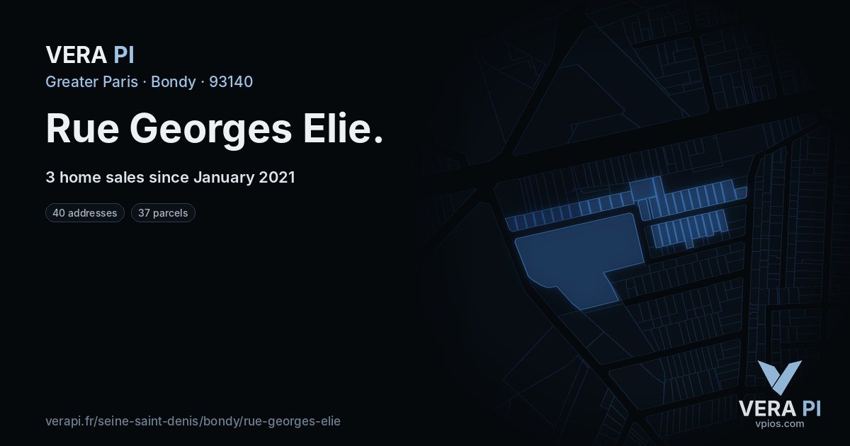 Rue Georges Elie, Bondy at night – every parcel coloured by the prices around it, the street's own parcels lit
