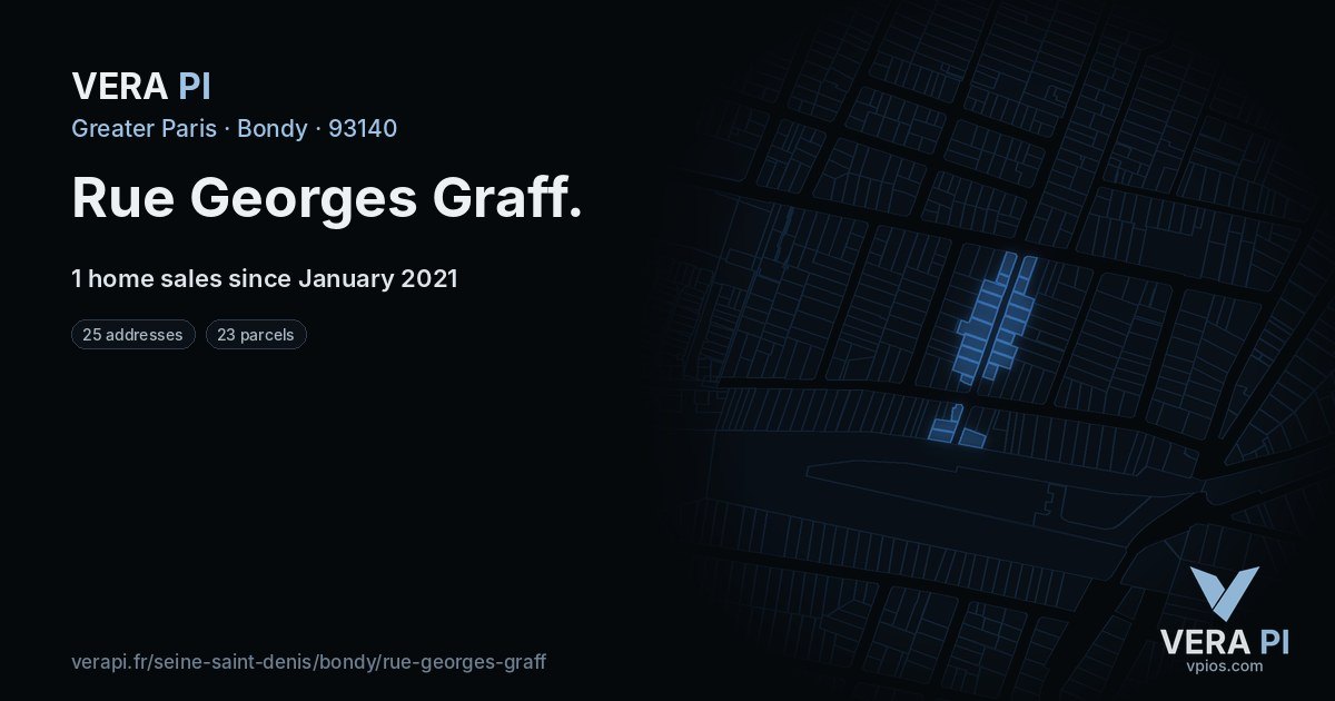 Rue Georges Graff, Bondy at night – every parcel coloured by the prices around it, the street's own parcels lit