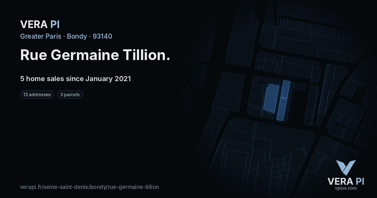 Rue Germaine Tillion, Bondy at night – every parcel coloured by the prices around it, the street's own parcels lit