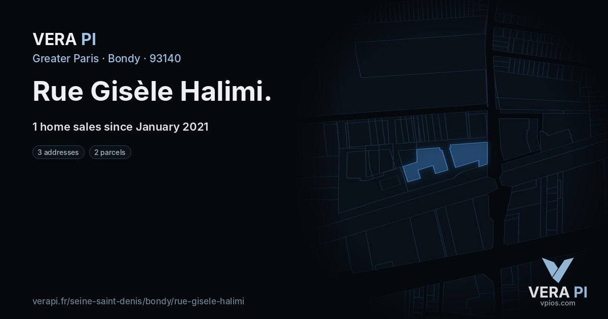 Rue Gisèle Halimi, Bondy at night – every parcel coloured by the prices around it, the street's own parcels lit