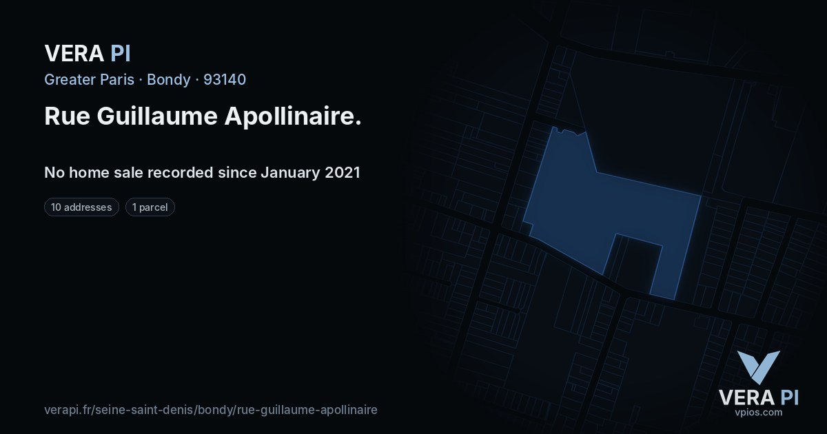 Rue Guillaume Apollinaire, Bondy at night – every parcel coloured by the prices around it, the street's own parcels lit
