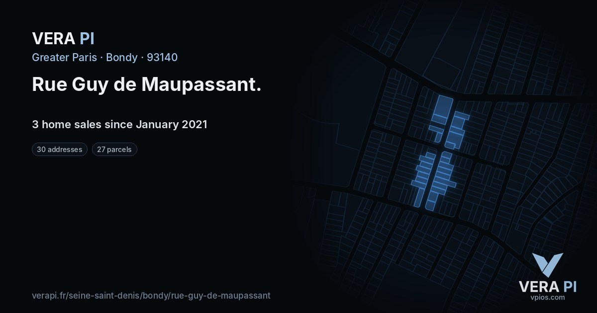 Rue Guy de Maupassant, Bondy at night – every parcel coloured by the prices around it, the street's own parcels lit