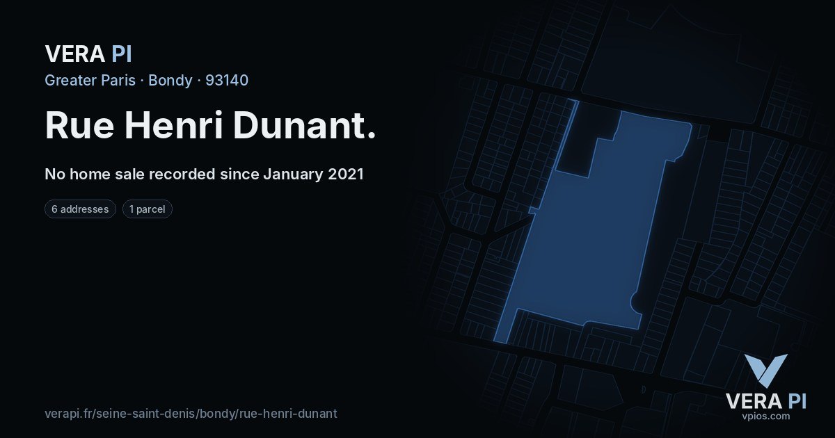 Rue Henri Dunant, Bondy at night – every parcel coloured by the prices around it, the street's own parcels lit