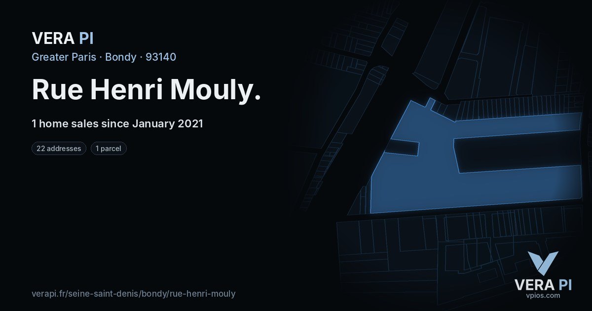 Rue Henri Mouly, Bondy at night – every parcel coloured by the prices around it, the street's own parcels lit