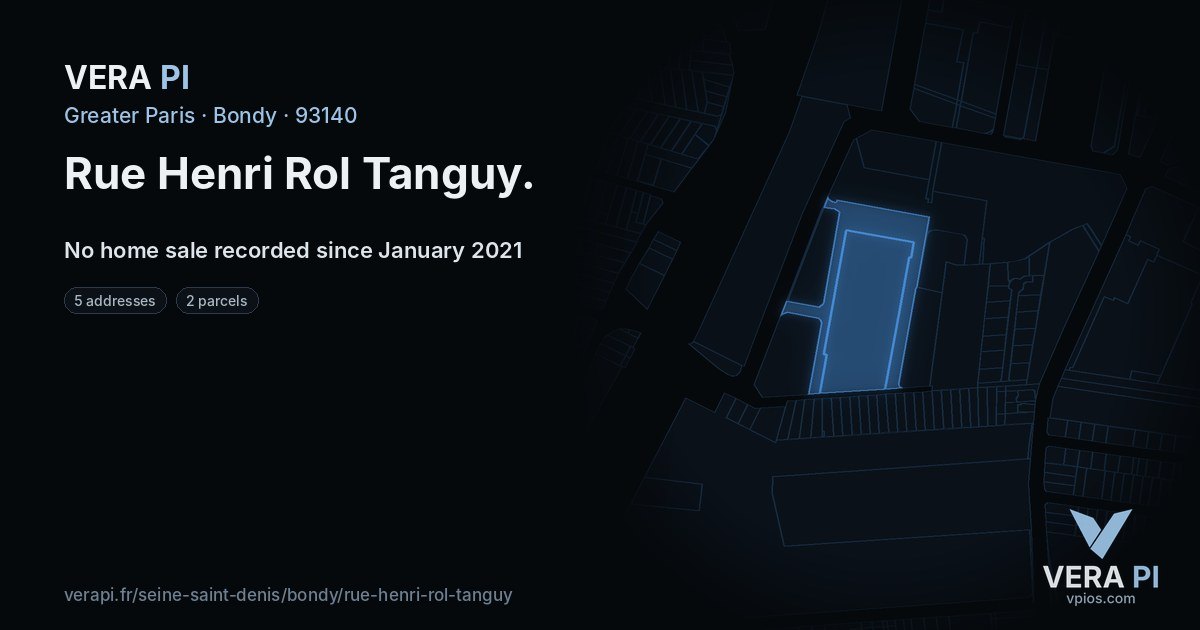 Rue Henri Rol Tanguy, Bondy at night – every parcel coloured by the prices around it, the street's own parcels lit