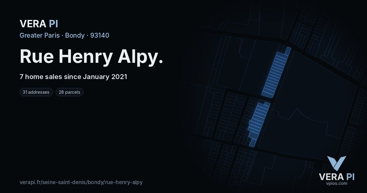 Rue Henry Alpy, Bondy at night – every parcel coloured by the prices around it, the street's own parcels lit