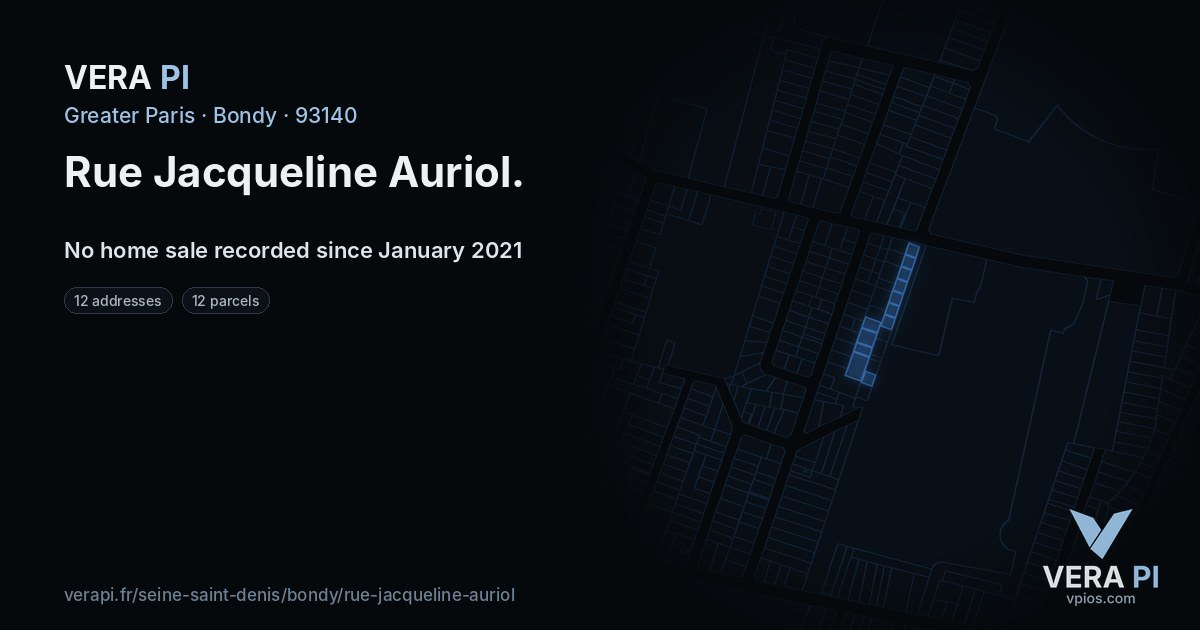 Rue Jacqueline Auriol, Bondy at night – every parcel coloured by the prices around it, the street's own parcels lit
