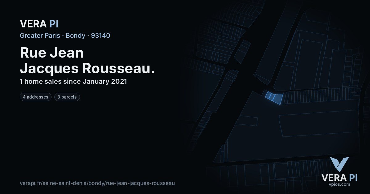 Rue Jean Jacques Rousseau, Bondy at night – every parcel coloured by the prices around it, the street's own parcels lit