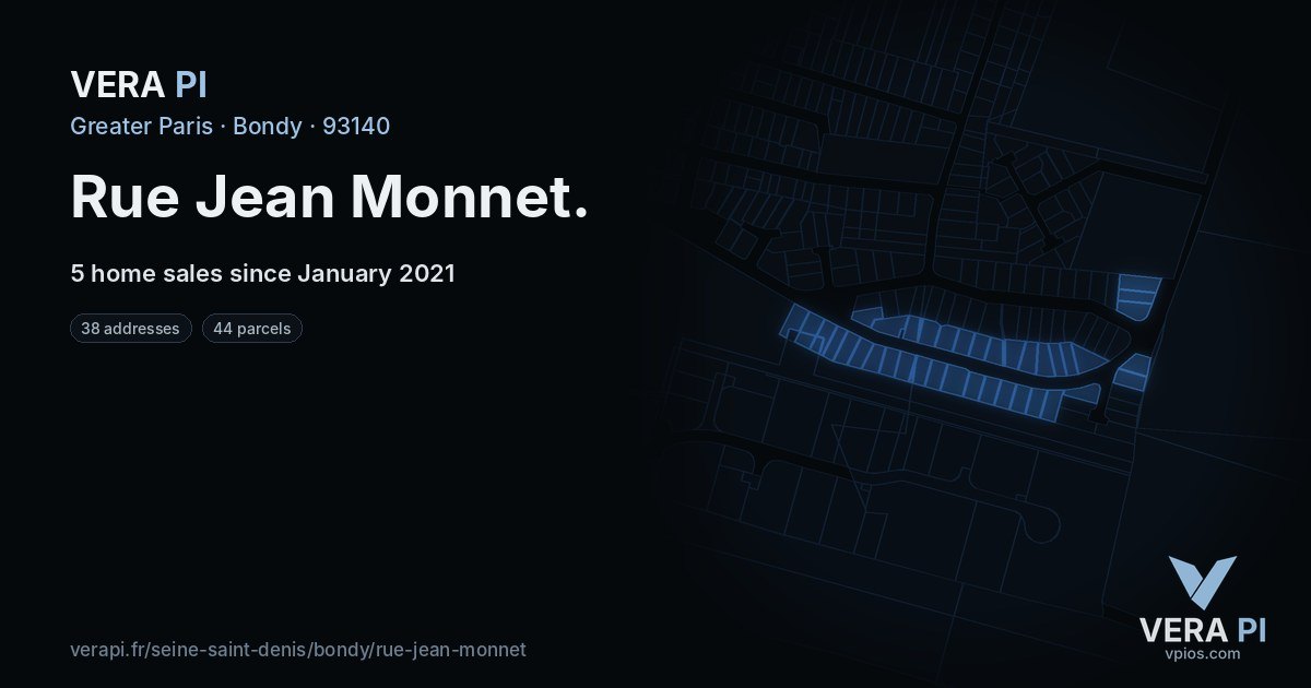 Rue Jean Monnet, Bondy at night – every parcel coloured by the prices around it, the street's own parcels lit