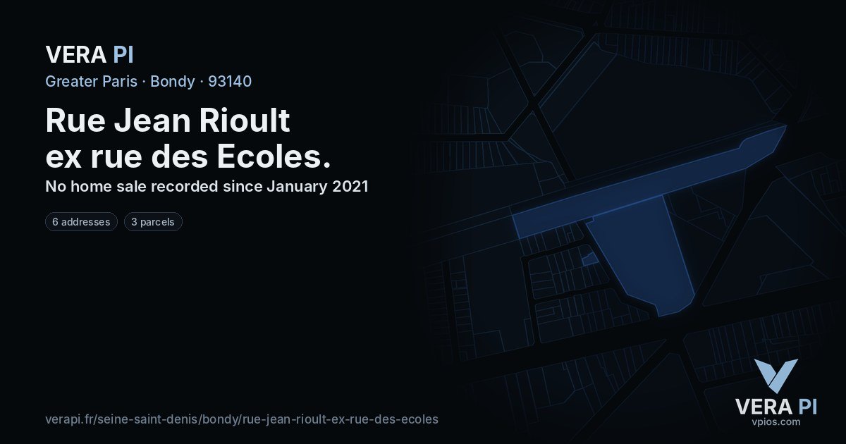 Rue Jean Rioult ex rue des Ecoles, Bondy at night – every parcel coloured by the prices around it, the street's own parcels lit