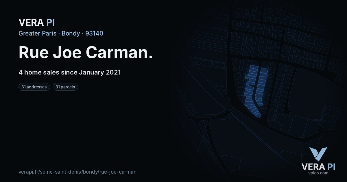 Rue Joe Carman, Bondy at night – every parcel coloured by the prices around it, the street's own parcels lit