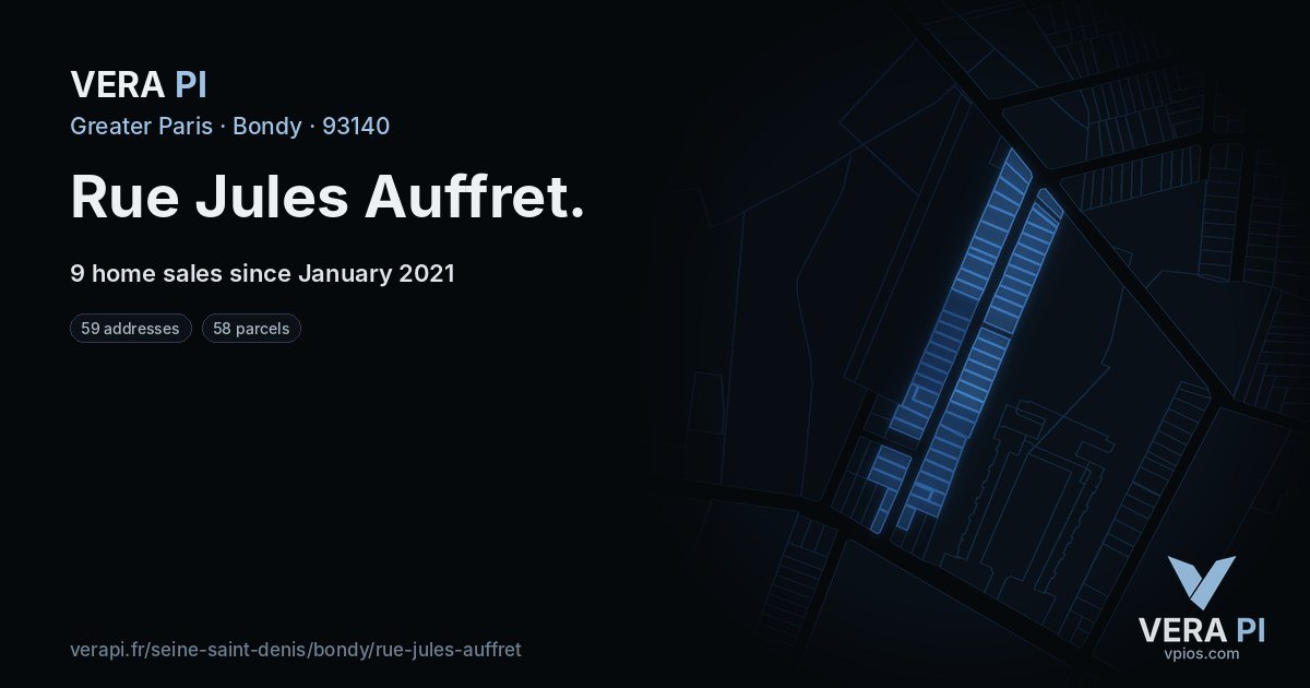 Rue Jules Auffret, Bondy at night – every parcel coloured by the prices around it, the street's own parcels lit