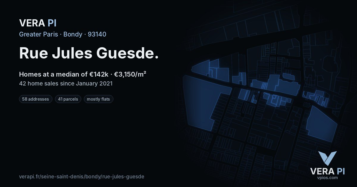 Rue Jules Guesde, Bondy at night – every parcel coloured by the prices around it, the street's own parcels lit