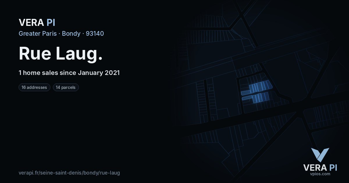 Rue Laug, Bondy at night – every parcel coloured by the prices around it, the street's own parcels lit