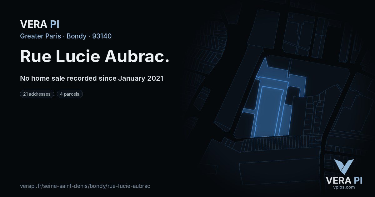 Rue Lucie Aubrac, Bondy at night – every parcel coloured by the prices around it, the street's own parcels lit