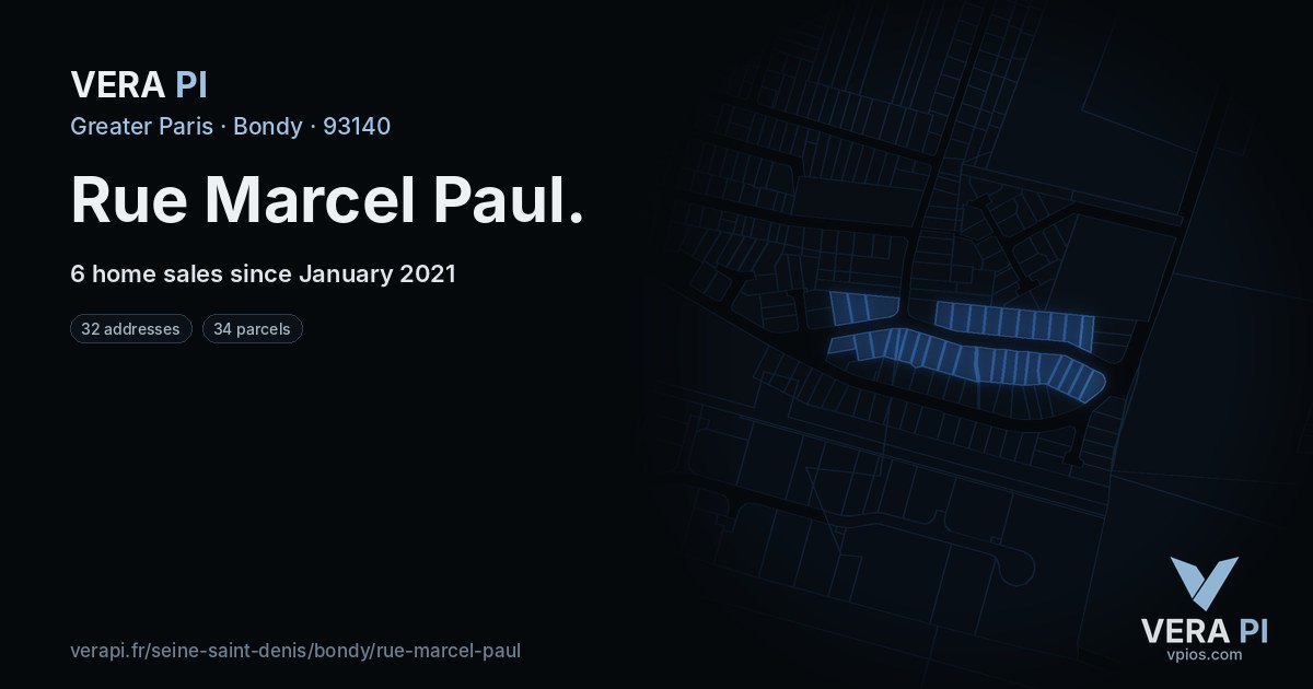Rue Marcel Paul, Bondy at night – every parcel coloured by the prices around it, the street's own parcels lit