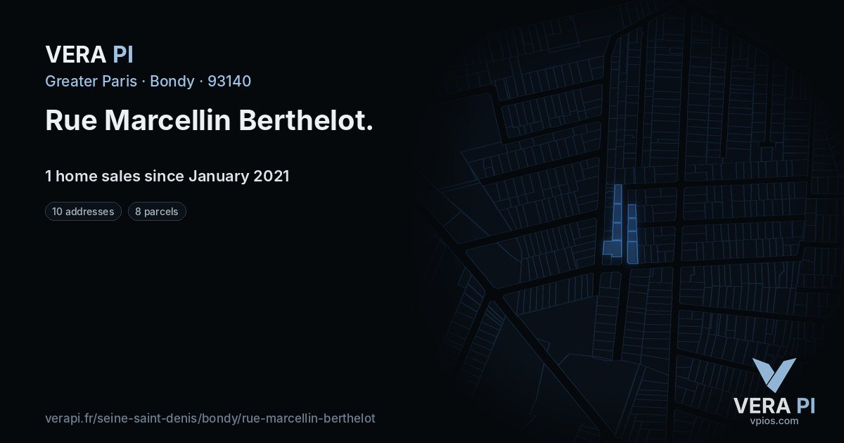 Rue Marcellin Berthelot, Bondy at night – every parcel coloured by the prices around it, the street's own parcels lit
