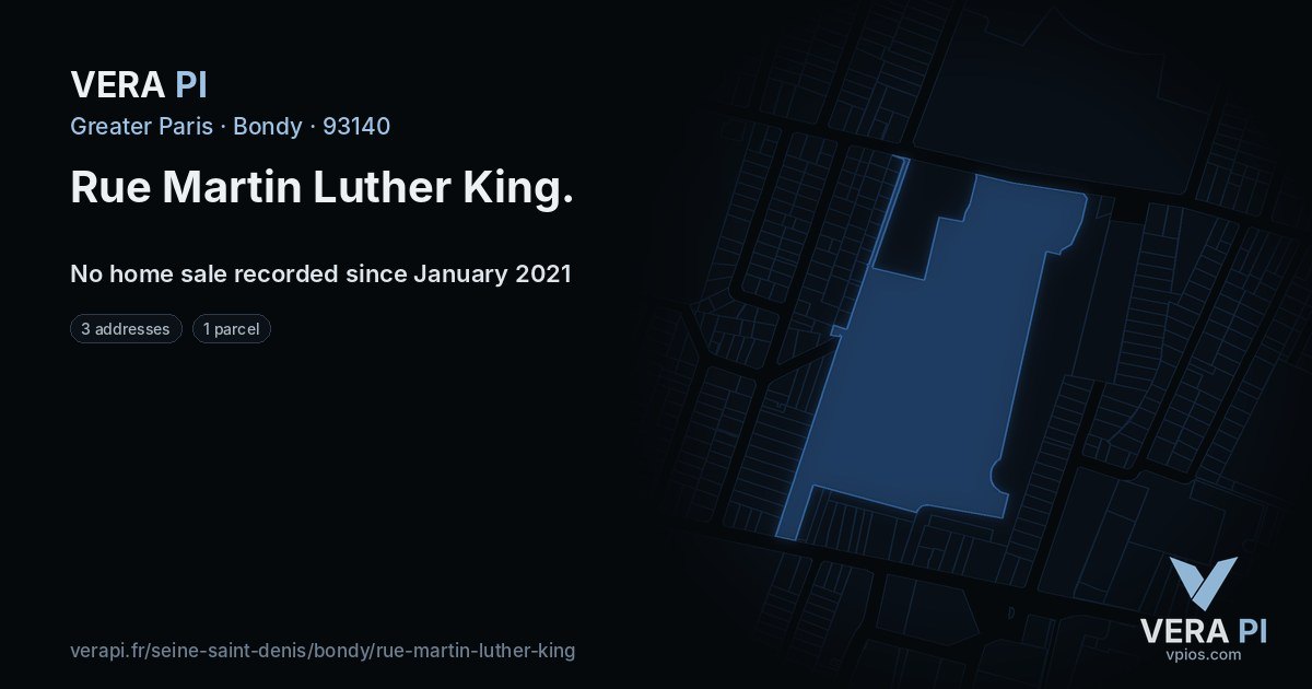 Rue Martin Luther King, Bondy at night – every parcel coloured by the prices around it, the street's own parcels lit
