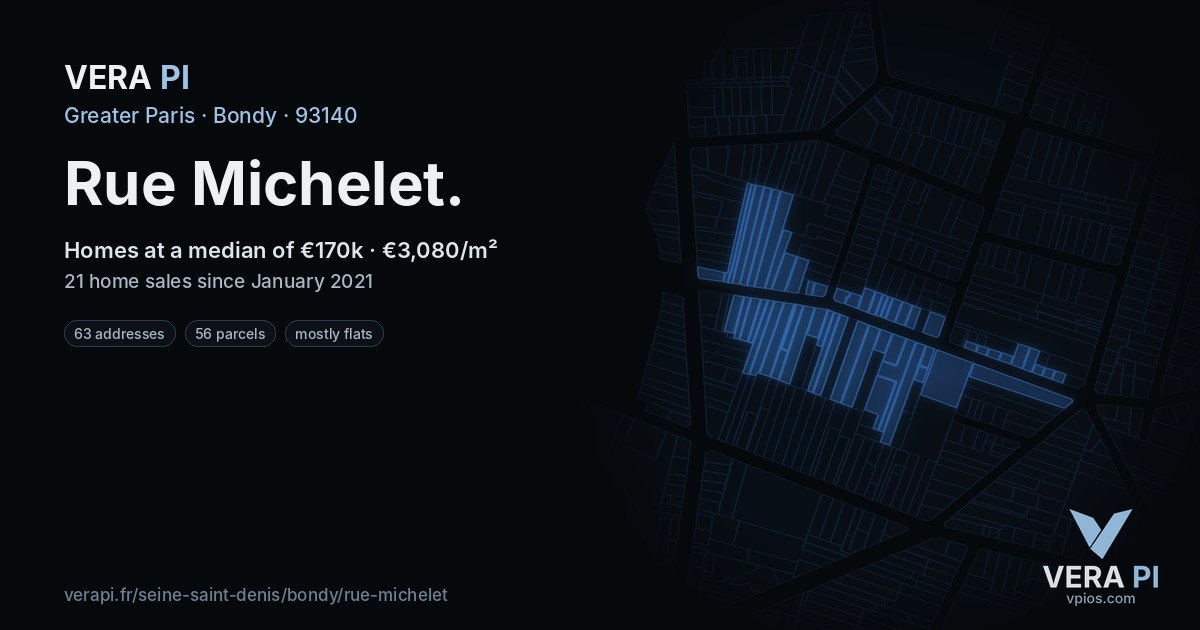 Rue Michelet, Bondy at night – every parcel coloured by the prices around it, the street's own parcels lit