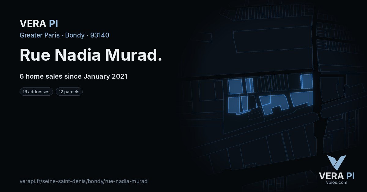 Rue Nadia Murad, Bondy at night – every parcel coloured by the prices around it, the street's own parcels lit