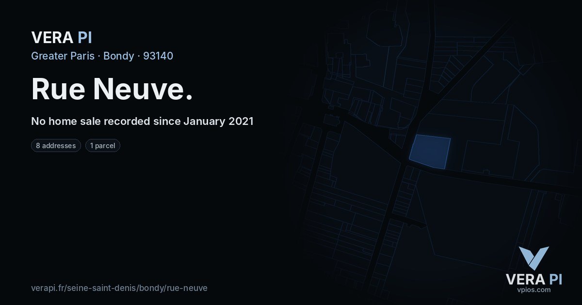 Rue Neuve, Bondy at night – every parcel coloured by the prices around it, the street's own parcels lit