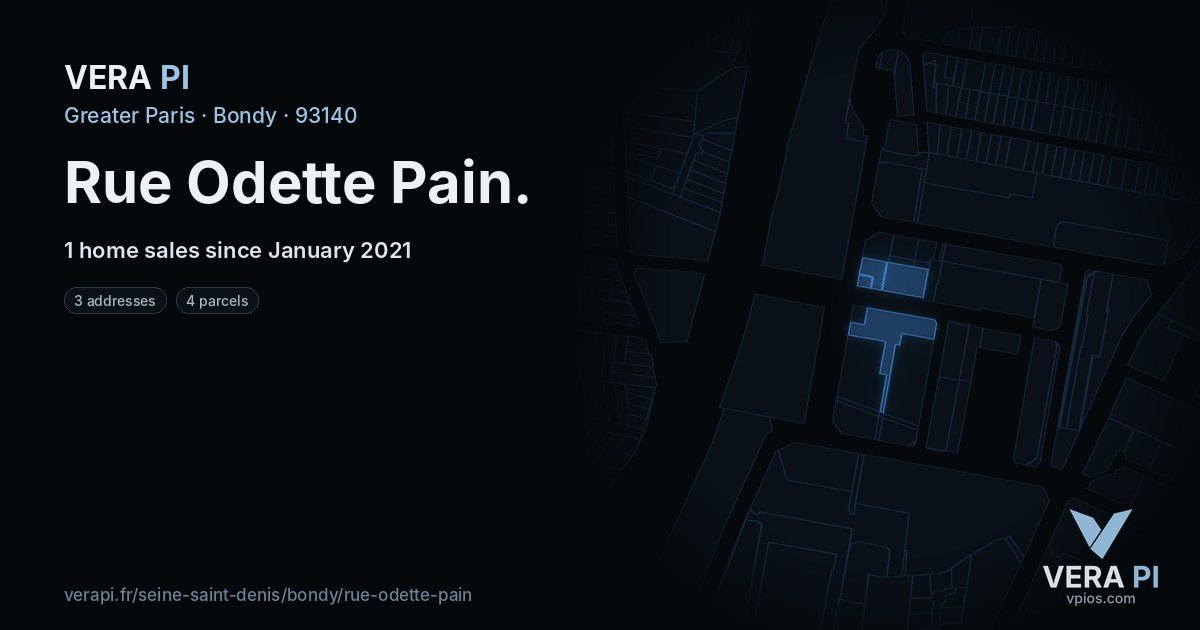Rue Odette Pain, Bondy at night – every parcel coloured by the prices around it, the street's own parcels lit