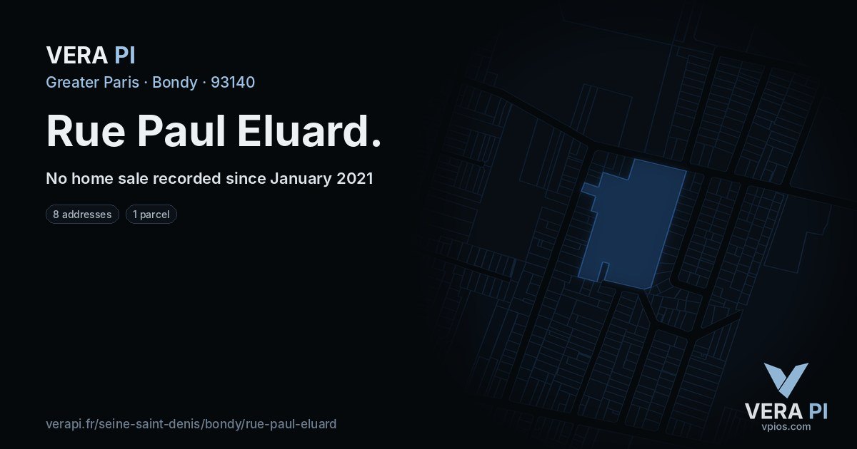 Rue Paul Eluard, Bondy at night – every parcel coloured by the prices around it, the street's own parcels lit