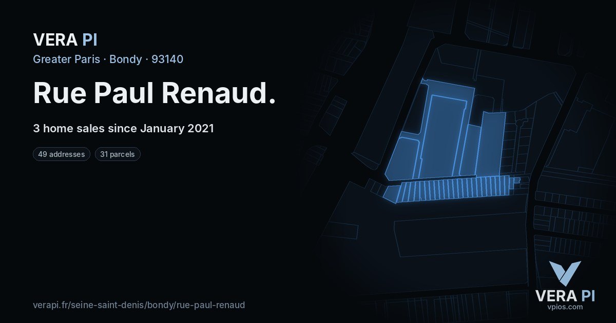 Rue Paul Renaud, Bondy at night – every parcel coloured by the prices around it, the street's own parcels lit