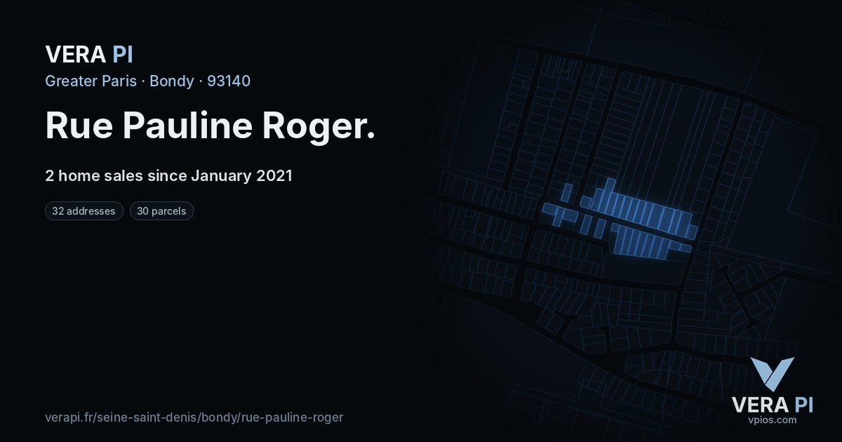 Rue Pauline Roger, Bondy at night – every parcel coloured by the prices around it, the street's own parcels lit