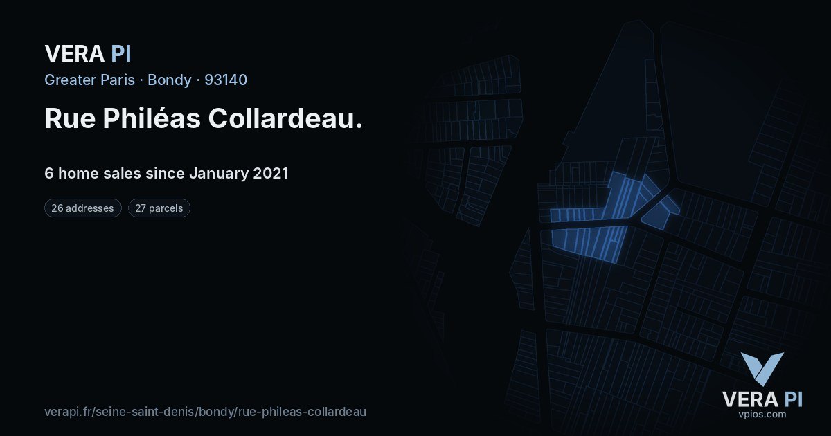 Rue Philéas Collardeau, Bondy at night – every parcel coloured by the prices around it, the street's own parcels lit