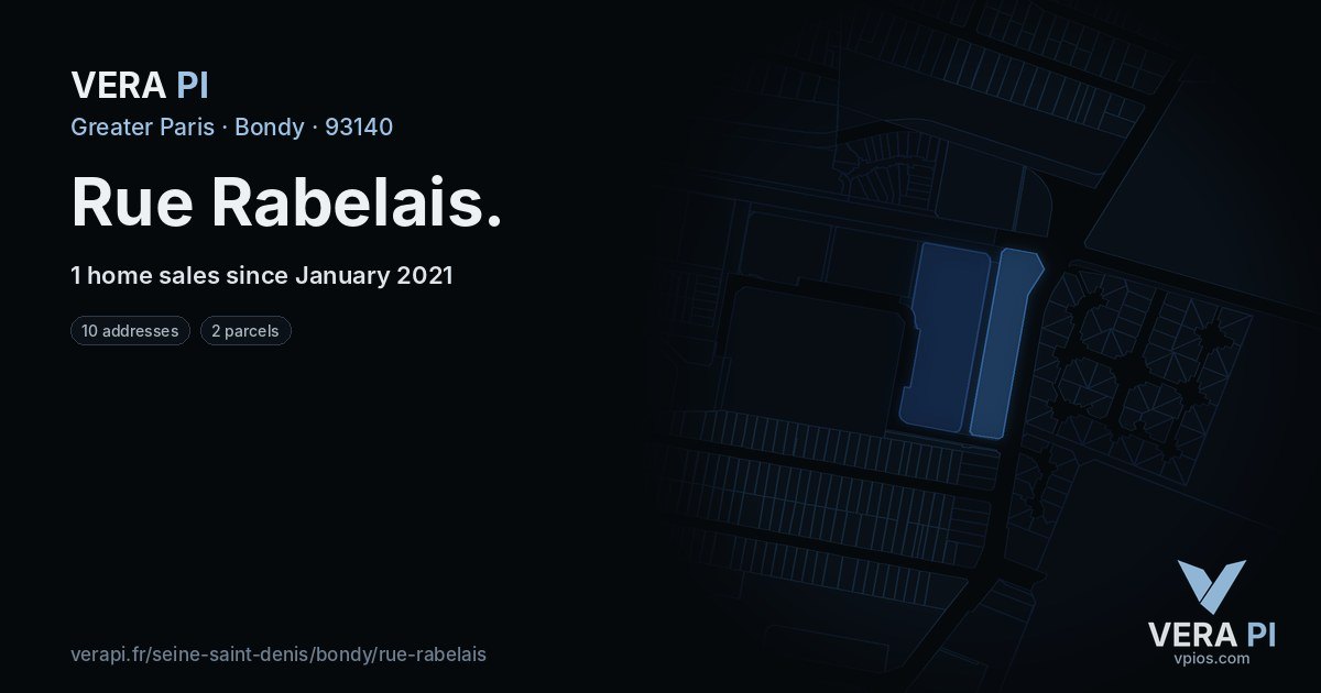 Rue Rabelais, Bondy at night – every parcel coloured by the prices around it, the street's own parcels lit