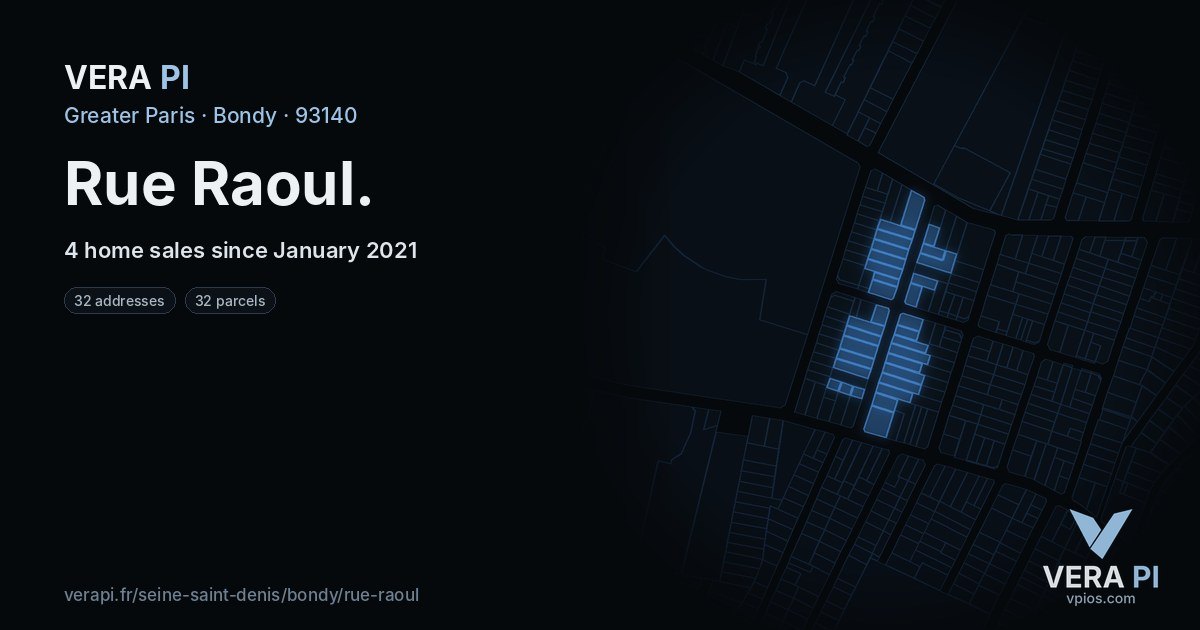 Rue Raoul, Bondy at night – every parcel coloured by the prices around it, the street's own parcels lit