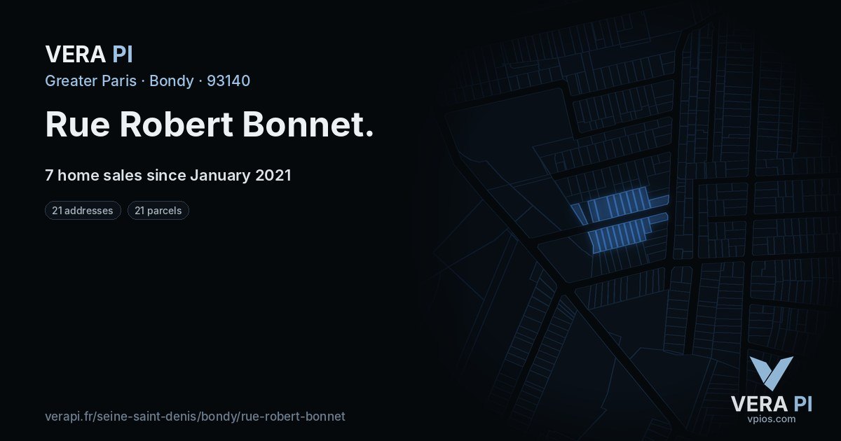 Rue Robert Bonnet, Bondy at night – every parcel coloured by the prices around it, the street's own parcels lit