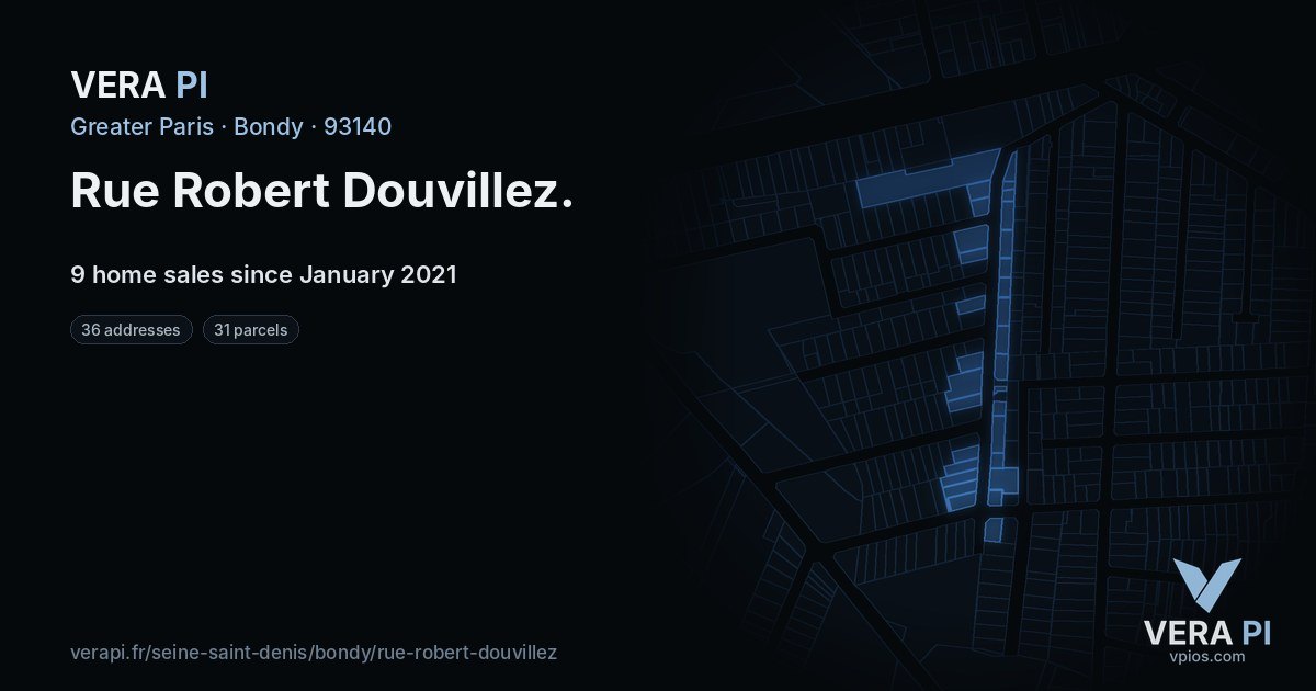Rue Robert Douvillez, Bondy at night – every parcel coloured by the prices around it, the street's own parcels lit
