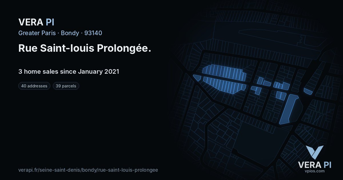 Rue Saint-louis Prolongée, Bondy at night – every parcel coloured by the prices around it, the street's own parcels lit