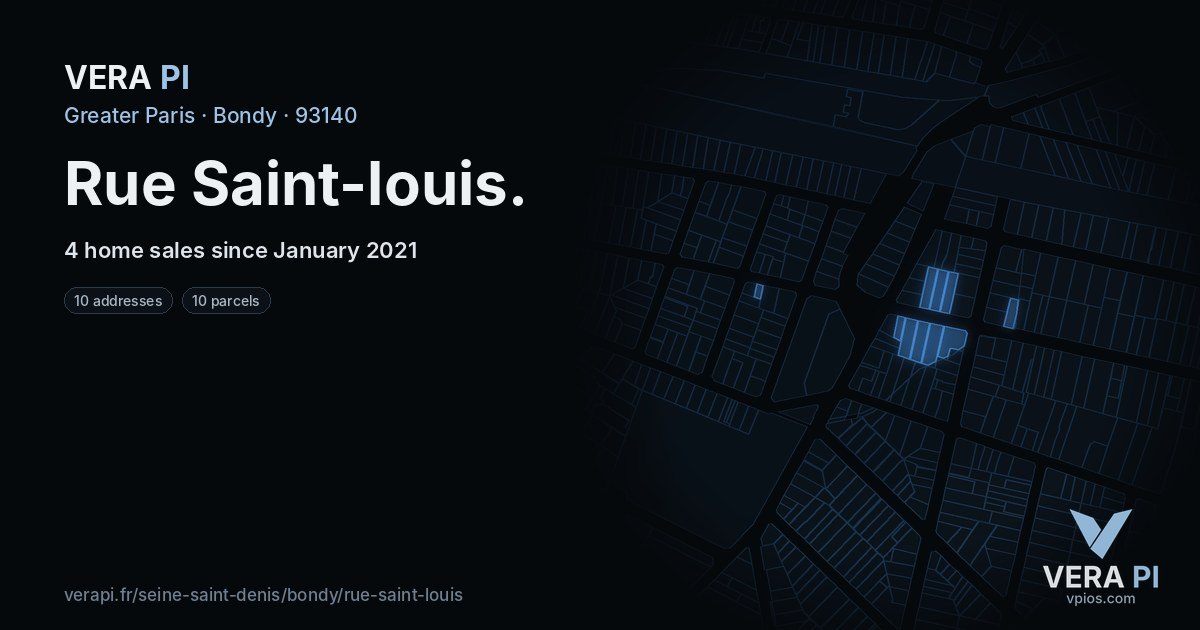 Rue Saint-louis, Bondy at night – every parcel coloured by the prices around it, the street's own parcels lit