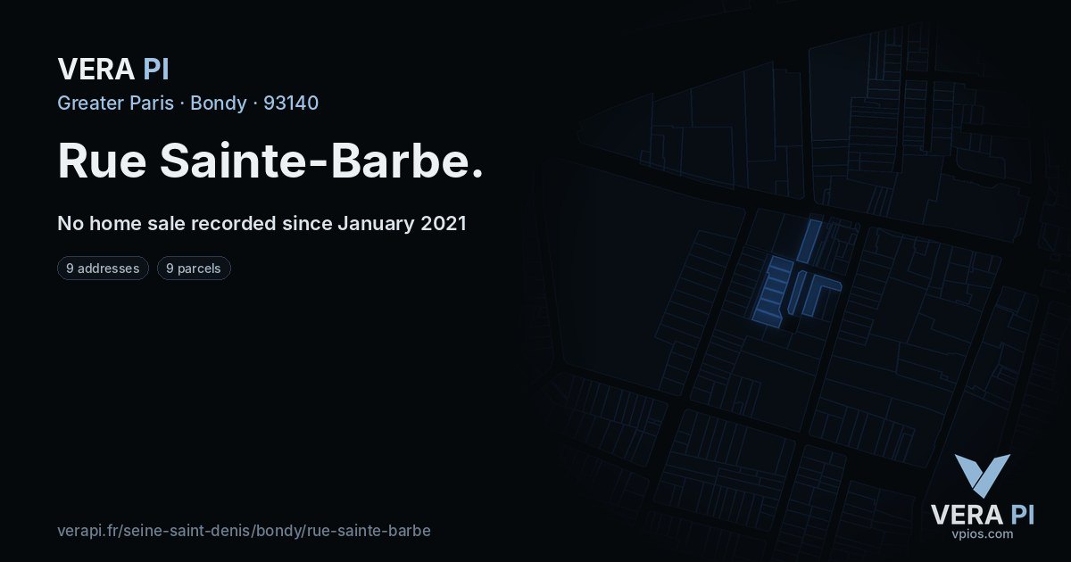 Rue Sainte-Barbe, Bondy at night – every parcel coloured by the prices around it, the street's own parcels lit