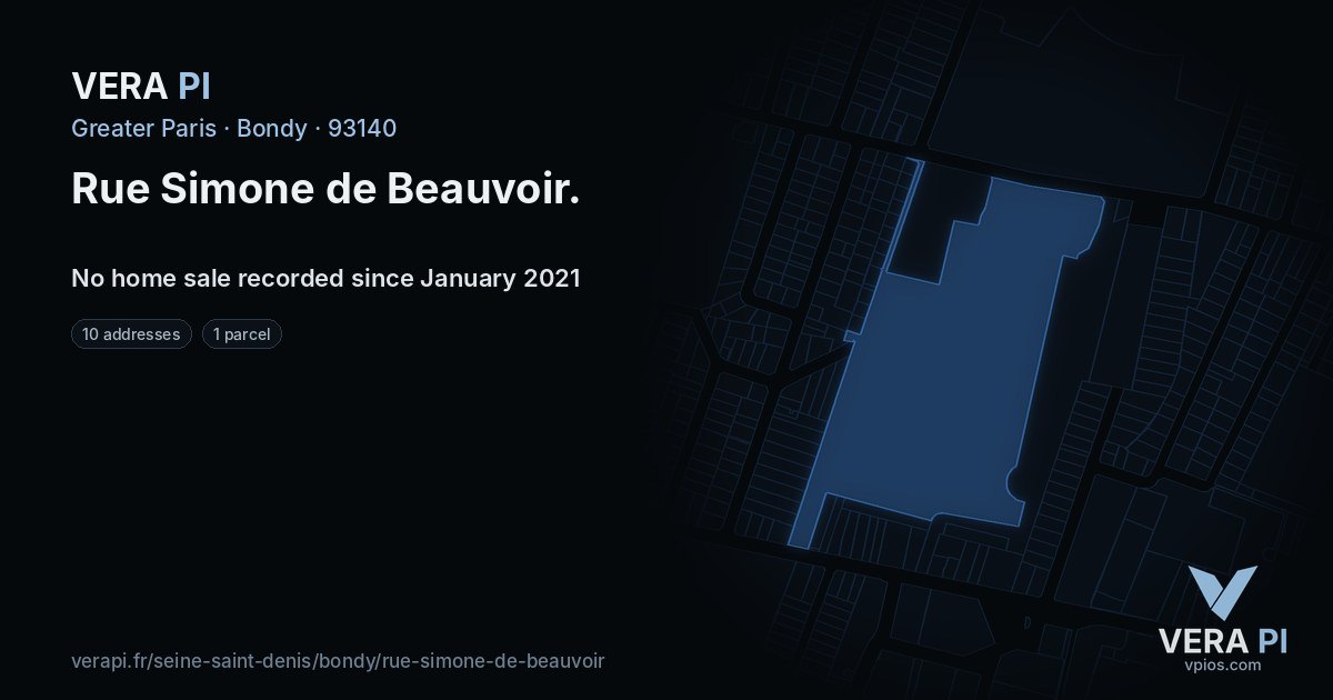 Rue Simone de Beauvoir, Bondy at night – every parcel coloured by the prices around it, the street's own parcels lit