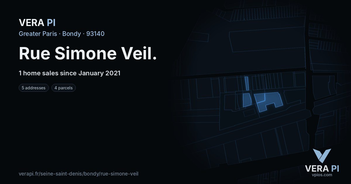 Rue Simone Veil, Bondy at night – every parcel coloured by the prices around it, the street's own parcels lit