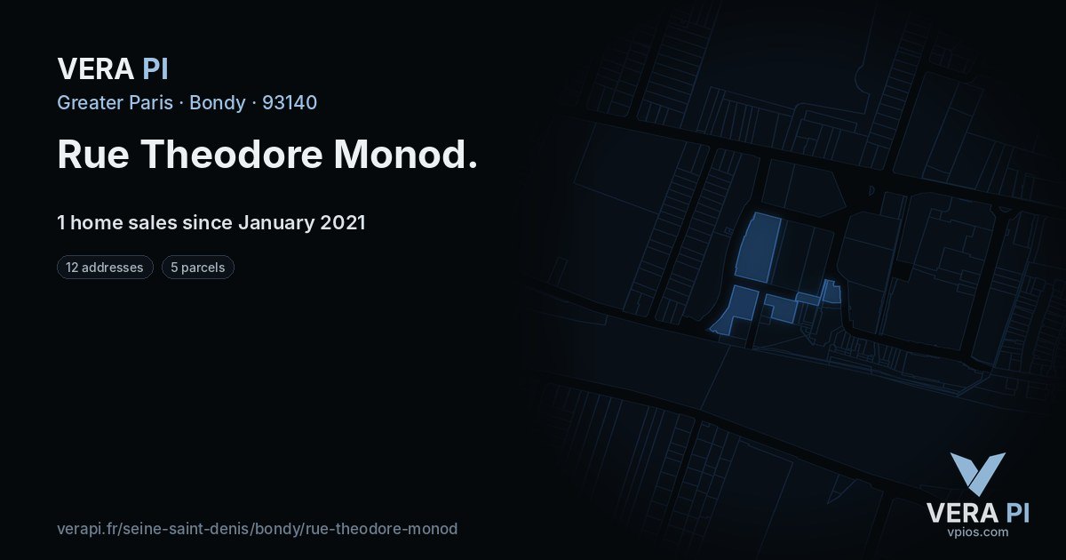 Rue Theodore Monod, Bondy at night – every parcel coloured by the prices around it, the street's own parcels lit